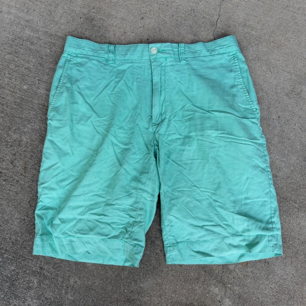 Polo Ralph Lauren Mens Green Gingham Cotton Shorts Size 32 Flat Front Preppy